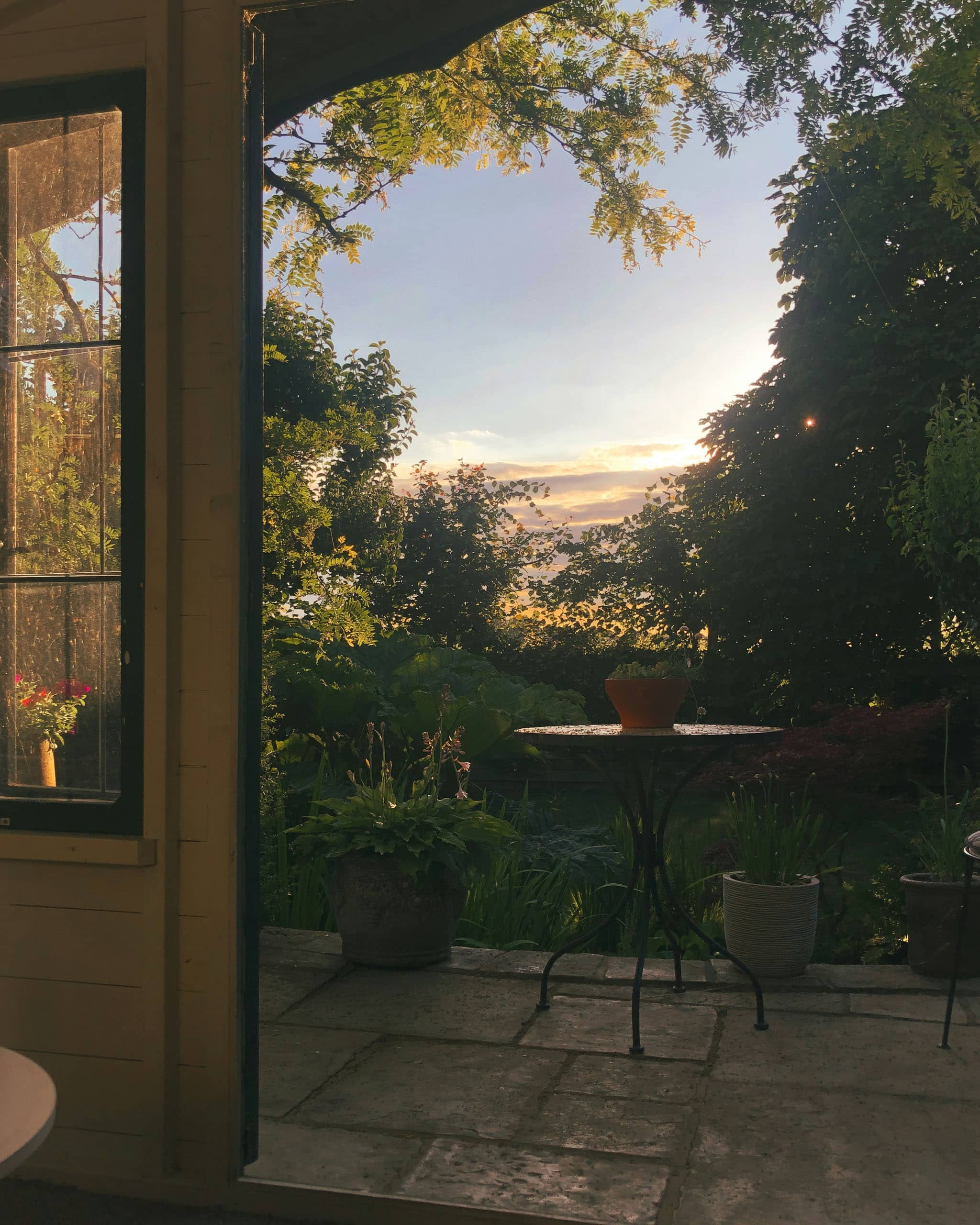 View through glass doors to lush outdoor greenery